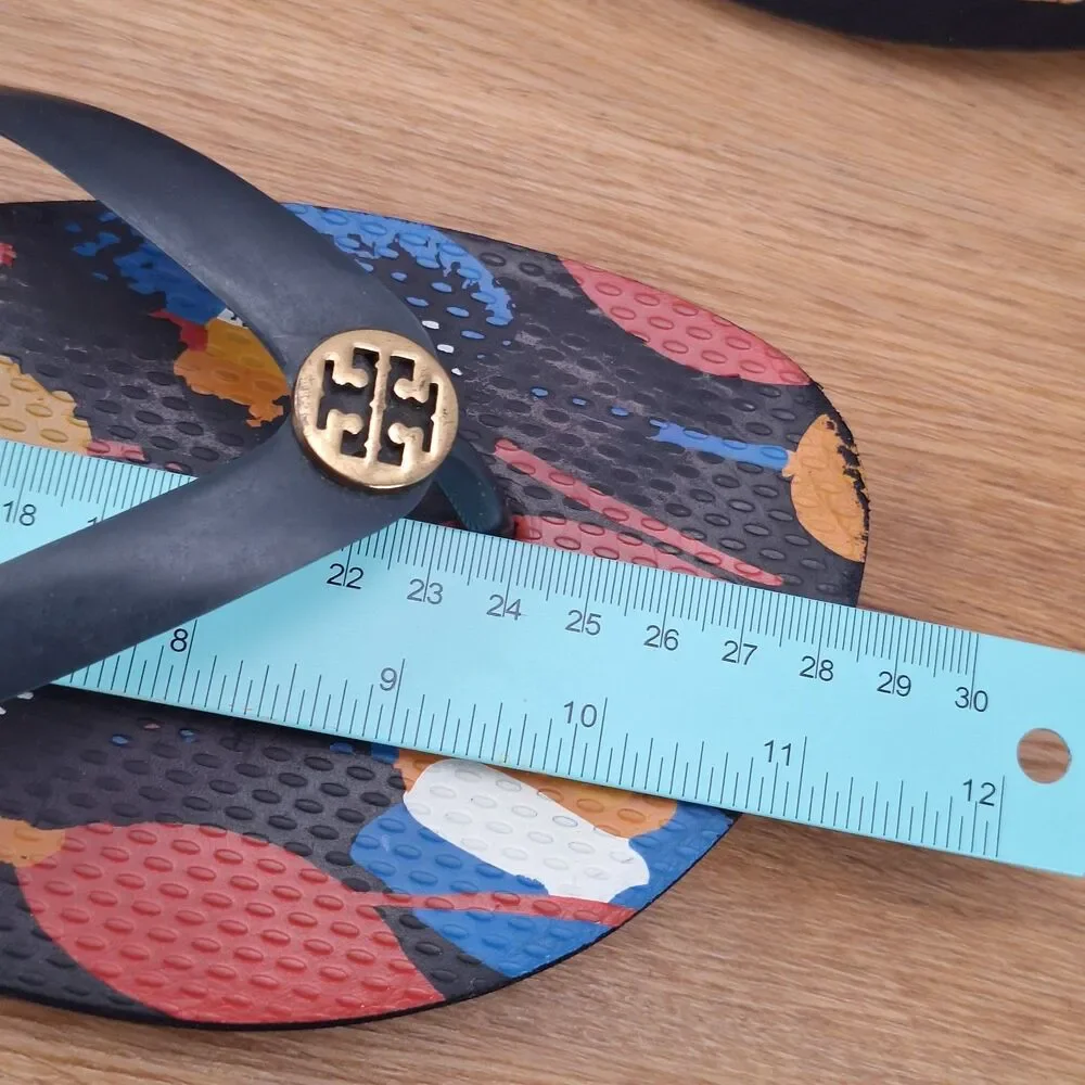 Tory Burch Women's 11 Thin Flip Flops Navy Blue Floral Print Logo Thongs Sandals